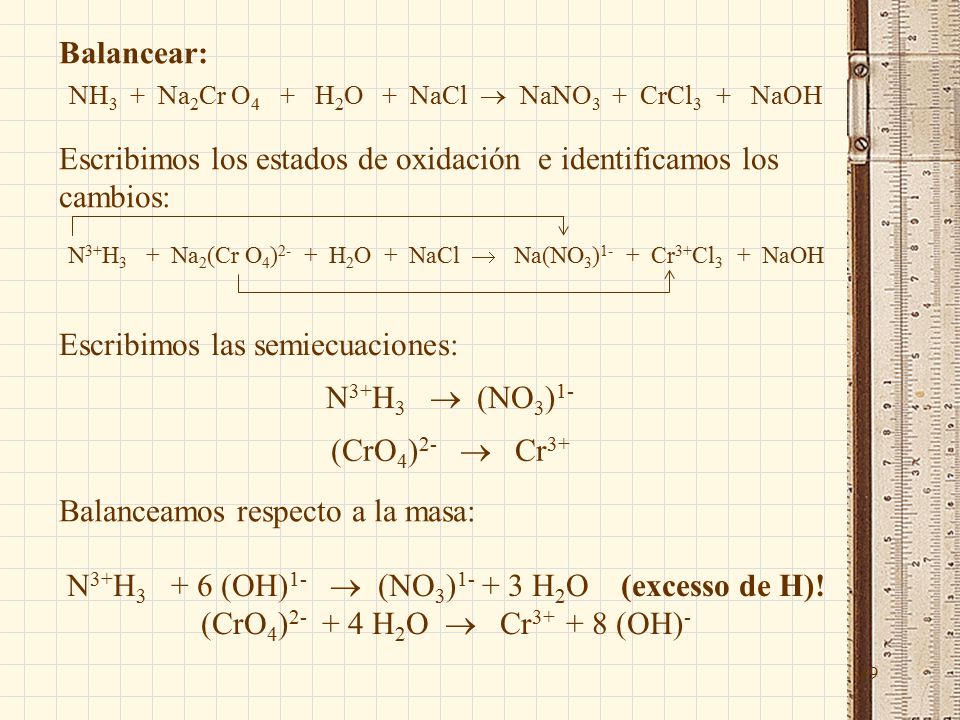 39 Balancear: NH 3 + Na 2 Cr O 4 + H 2 O + NaCl  NaNO 3 + CrCl 3 + NaOH Escribimos los estados de oxidación e identificamos los cambios: N 3+ H 3 + Na 2 (Cr O 4 ) 2- + H 2 O + NaCl  Na(NO 3 ) 1- + Cr 3+ Cl 3 + NaOH Escribimos las semiecuaciones: N 3+ H 3  (NO 3 ) 1- (CrO 4 ) 2-  Cr 3+ Balanceamos respecto a la masa: N 3+ H (OH) 1-  (NO 3 ) H 2 O (excesso de H).