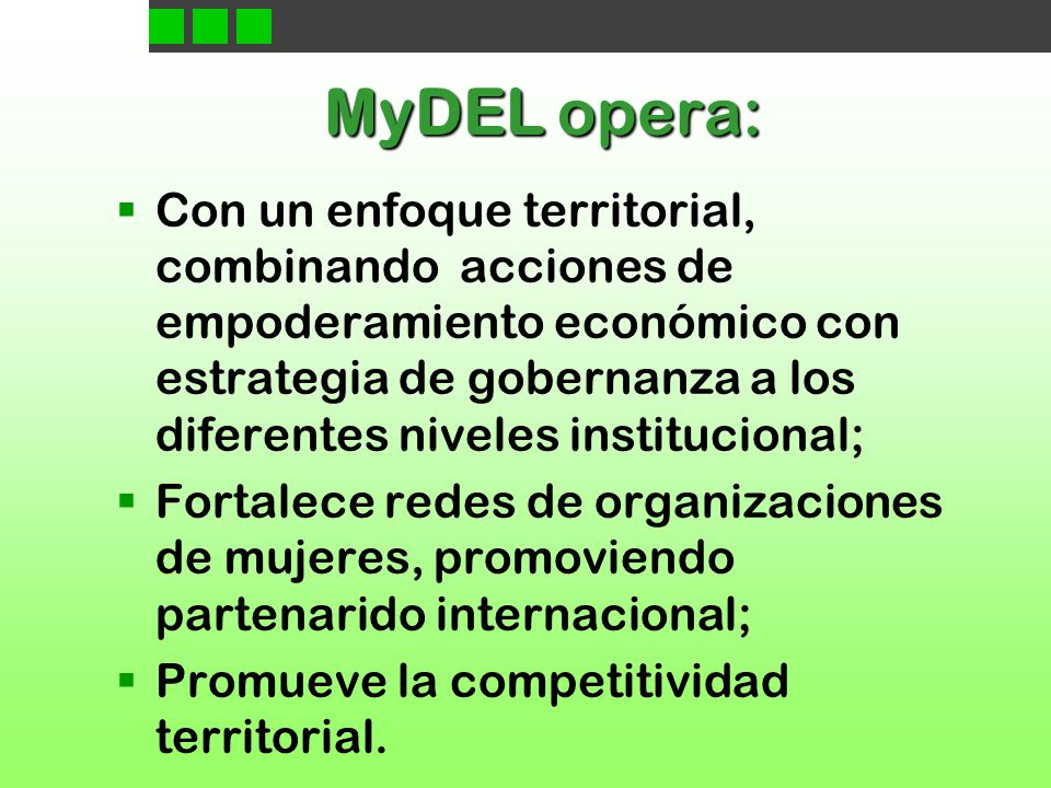 MyDEL opera:  Con un enfoque territorial, combinando acciones de empoderamiento económico con estrategia de gobernanza a los diferentes niveles institucional;  Fortalece redes de organizaciones de mujeres, promoviendo partenarido internacional;  Promueve la competitividad territorial.
