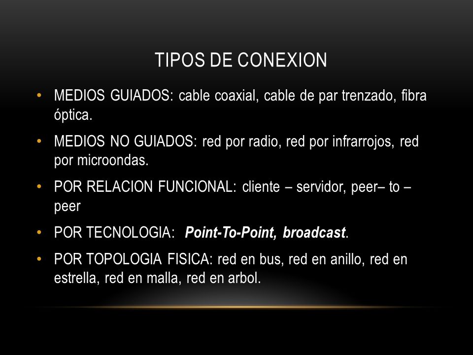 TIPOS DE CONEXION MEDIOS GUIADOS: cable coaxial, cable de par trenzado, fibra óptica.
