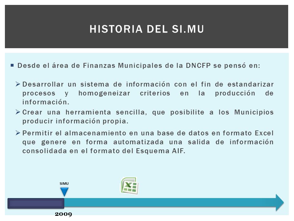 HISTORIA DEL SI.MU 2009 SIMU  Desarrollar un sistema de información con el fin de estandarizar procesos y homogeneizar criterios en la producción de información.