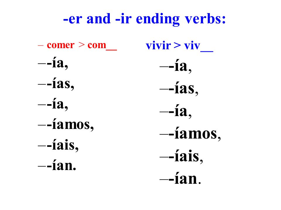 -er and -ir ending verbs: –comer > com__ –-ía, –-ías, –-ía, –-íamos, –-íais, –-ían.