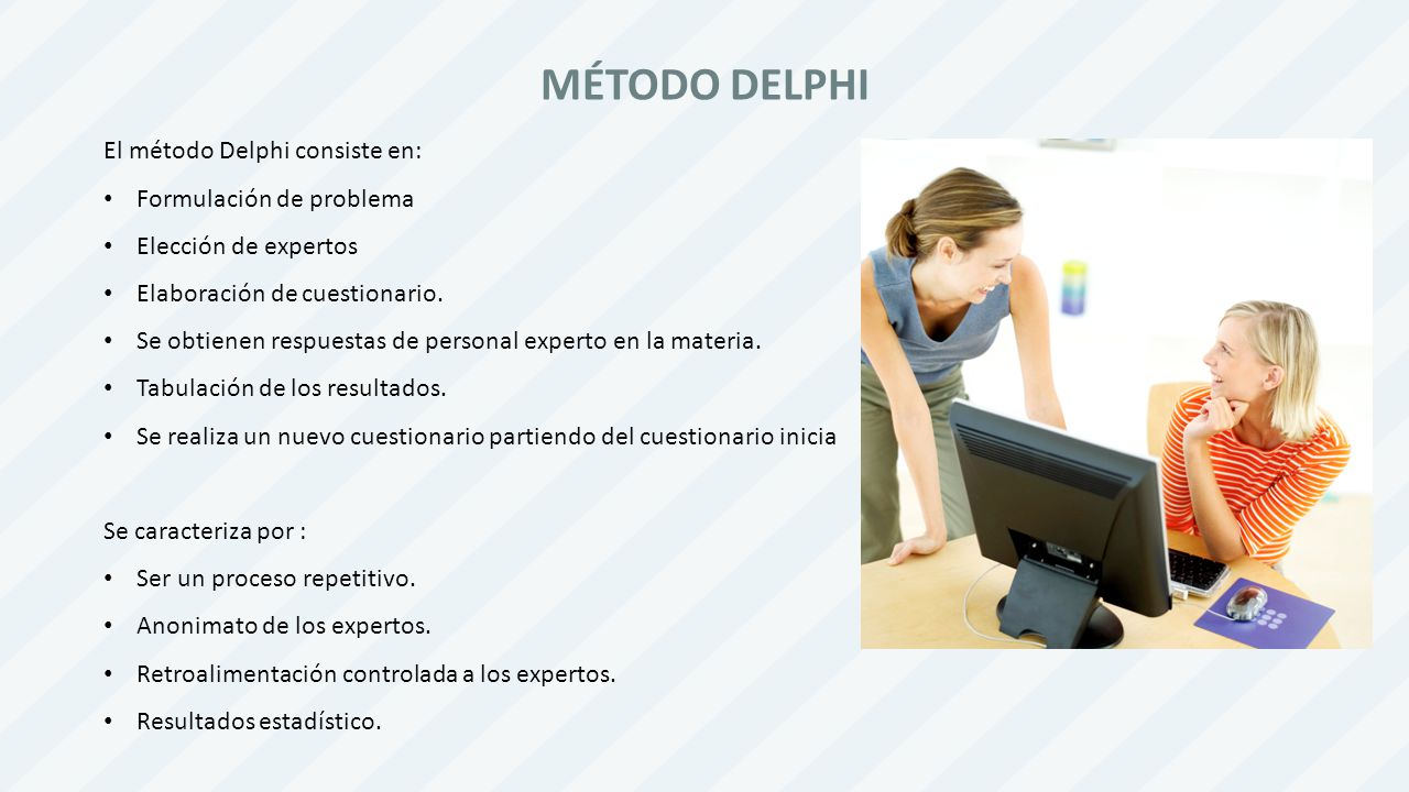El método Delphi consiste en: Formulación de problema Elección de expertos Elaboración de cuestionario.