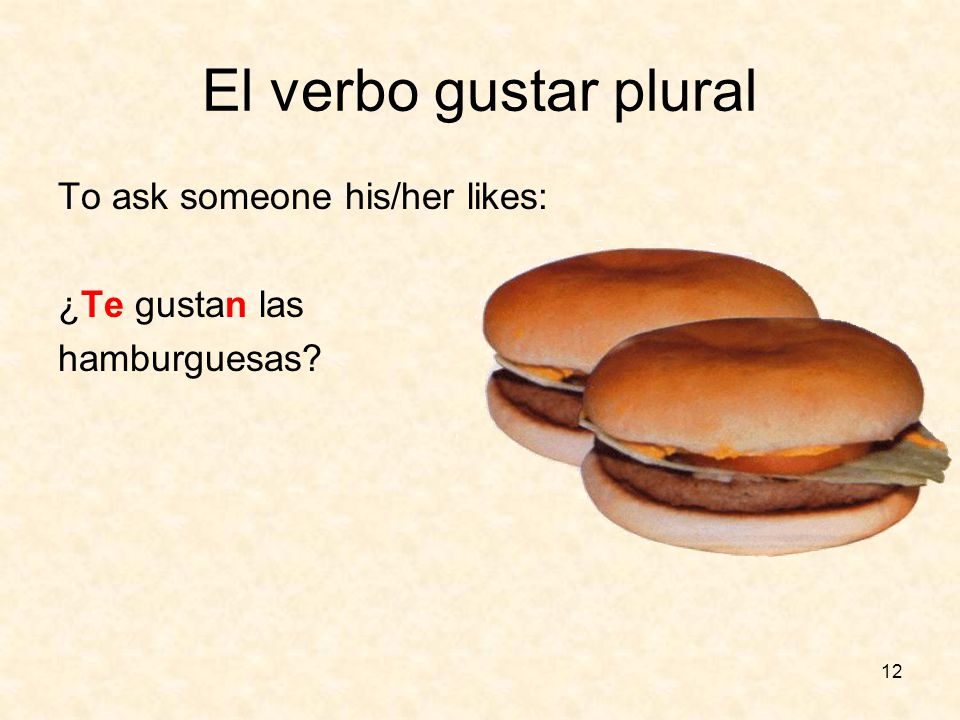 11 El verbo gustar singular To ask someone his/her likes: ¿Te gusta el helado