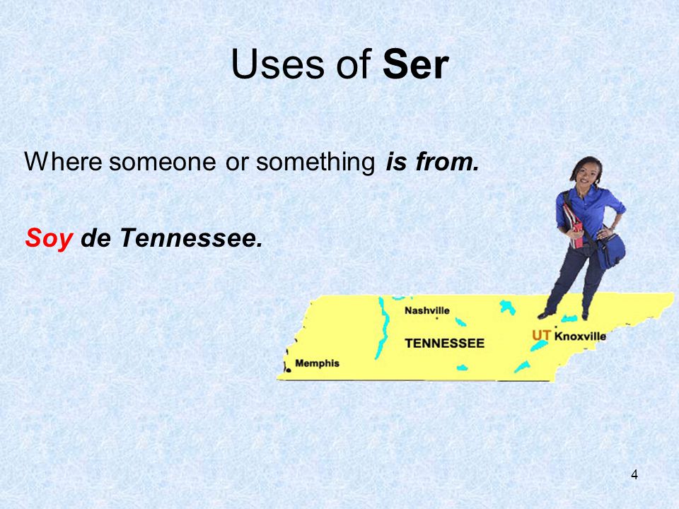 3 Ser translates to mean to be Answers: where someone or something is from to whom something belongs what someone or something is like what someone or something is