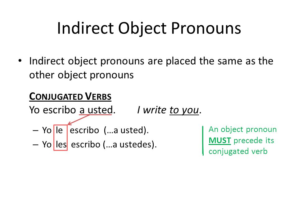 Indirect Object Pronouns Indirect object pronouns are placed the same as the other object pronouns C ONJUGATED V ERBS Yo escribo a usted.