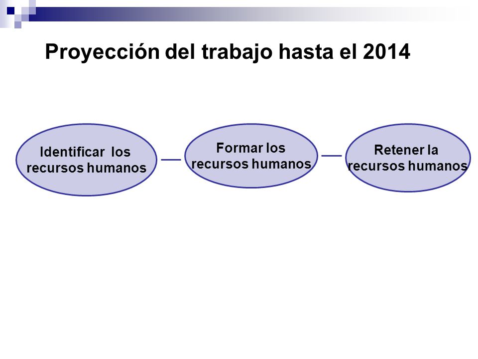Proyección del trabajo hasta el 2014 Identificar los recursos humanos Formar los recursos humanos Retener la recursos humanos