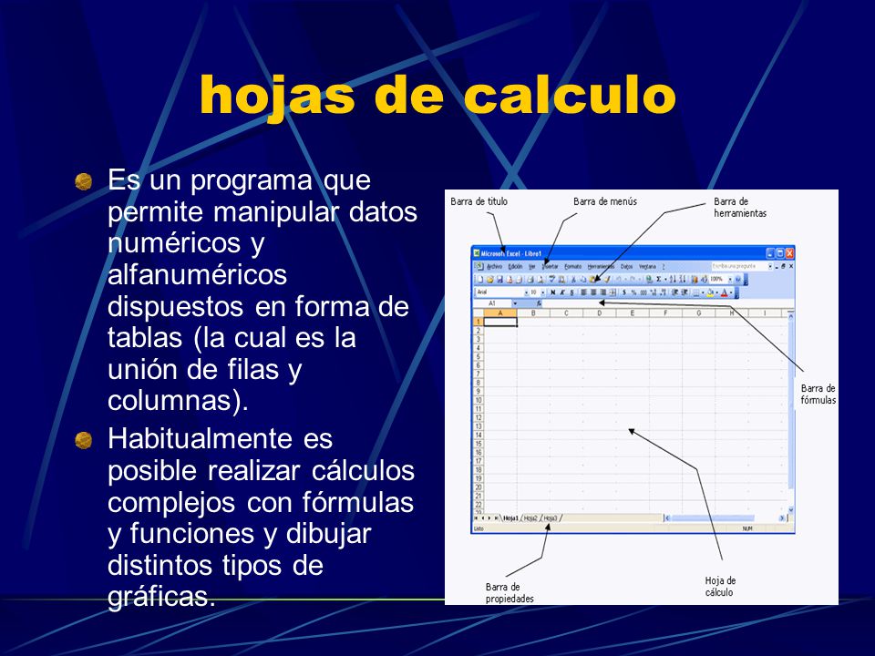 hojas de calculo Es un programa que permite manipular datos numéricos y alfanuméricos dispuestos en forma de tablas (la cual es la unión de filas y columnas).