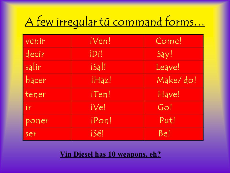A few irregular tú command forms… venir ¡Ven. Come.