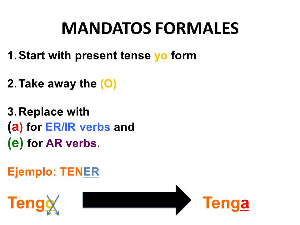 MANDATOS FORMALES 1.Start with present tense yo form 2.Take away the (O) 3.Replace with (a ) for ER/IR verbs and (e) for AR verbs.
