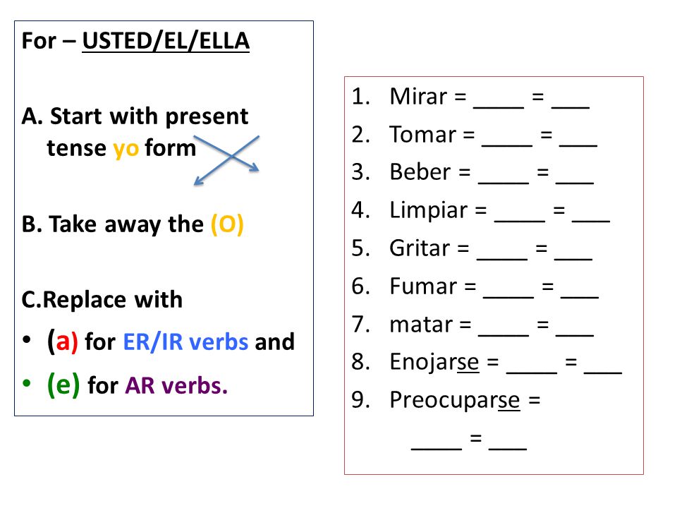 For – USTED/EL/ELLA A. Start with present tense yo form B.