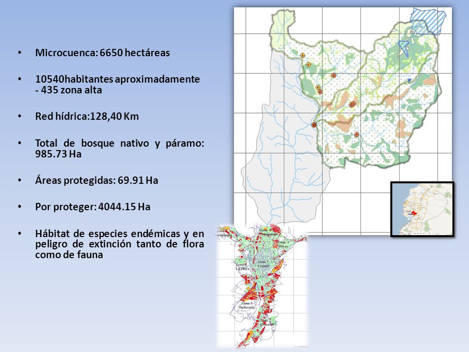 Microcuenca: 6650 hectáreas 10540habitantes aproximadamente zona alta Red hídrica:128,40 Km Total de bosque nativo y páramo: Ha Áreas protegidas: Ha Por proteger: Ha Hábitat de especies endémicas y en peligro de extinción tanto de flora como de fauna