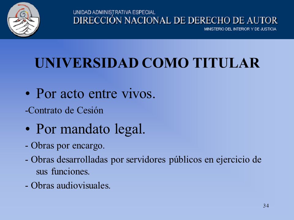 34 UNIVERSIDAD COMO TITULAR Por acto entre vivos. -Contrato de Cesión Por mandato legal.