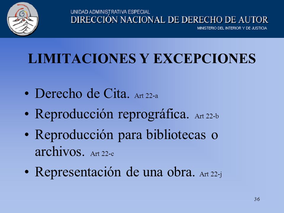 36 LIMITACIONES Y EXCEPCIONES Derecho de Cita. Art 22-a Reproducción reprográfica.