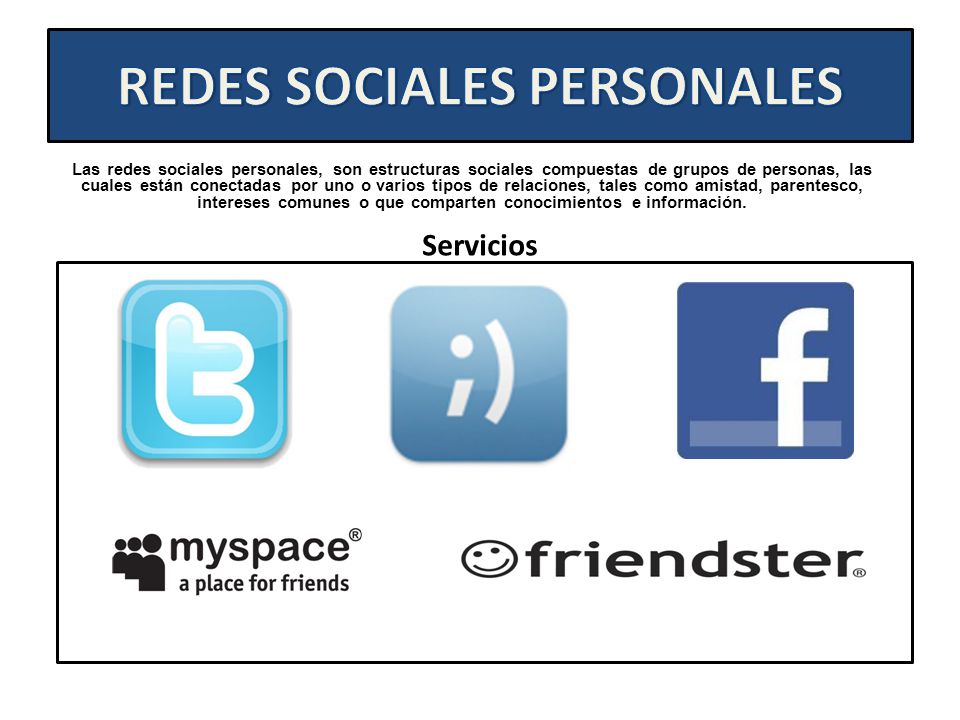 Servicios Las redes sociales personales, son estructuras sociales compuestas de grupos de personas, las cuales están conectadas por uno o varios tipos de relaciones, tales como amistad, parentesco, intereses comunes o que comparten conocimientos e información.