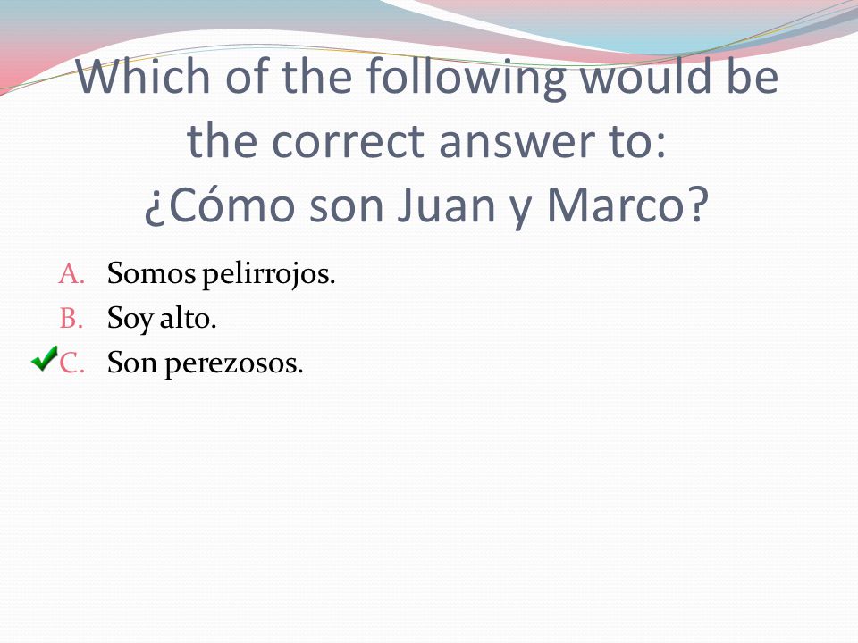 Which of the following would be the correct answer to: ¿Cómo son Juan y Marco.