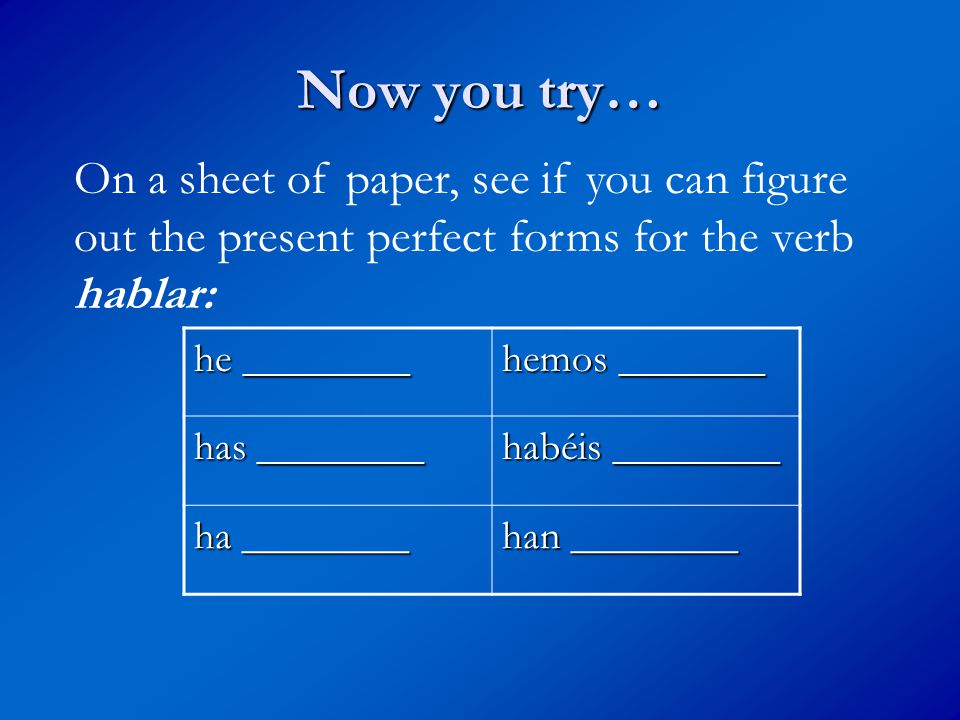 Now you try… he ________ hemos _______ has ________ habéis ________ ha ________ han ________ On a sheet of paper, see if you can figure out the present perfect forms for the verb hablar: