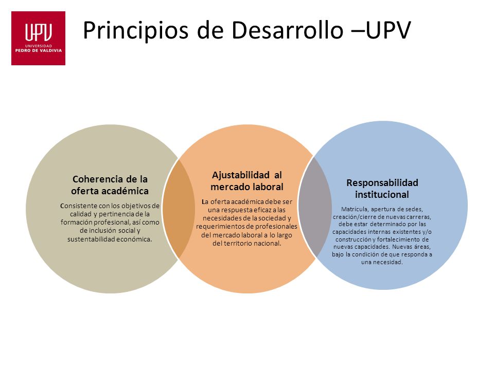 Principios de Desarrollo –UPV Coherencia de la oferta académica Consistente con los objetivos de calidad y pertinencia de la formación profesional, así como de inclusión social y sustentabilidad económica.