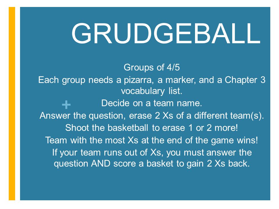 + GRUDGEBALL Groups of 4/5 Each group needs a pizarra, a marker, and a Chapter 3 vocabulary list.