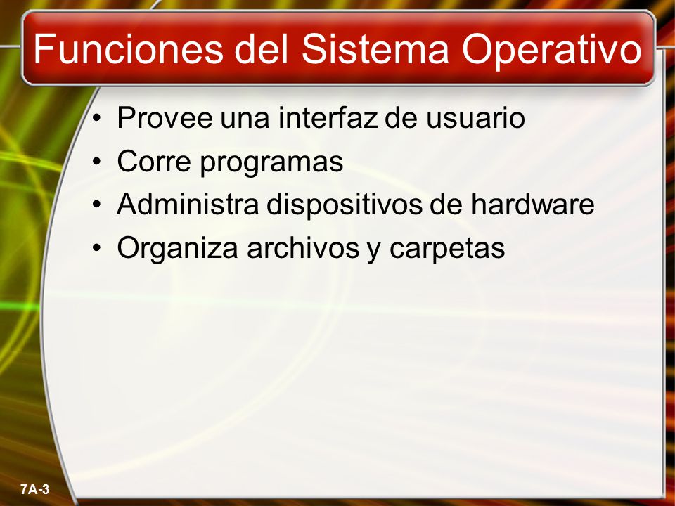 7A-3 Funciones del Sistema Operativo Provee una interfaz de usuario Corre programas Administra dispositivos de hardware Organiza archivos y carpetas