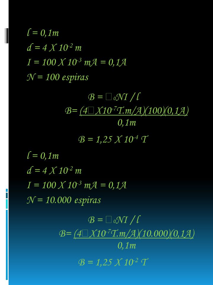l = 0,1m d = 4 X m I = 100 X mA = 0,1A N = 100 espiras B =  0 NI / l B= (4  X10 -7 T.m/A)(100)(0,1A) 0,1m B = 1,25 X T l = 0,1m d = 4 X m I = 100 X mA = 0,1A N = espiras B =  0 NI / l B= (4  X10 -7 T.m/A)(10.000)(0,1A) 0,1m B = 1,25 X T