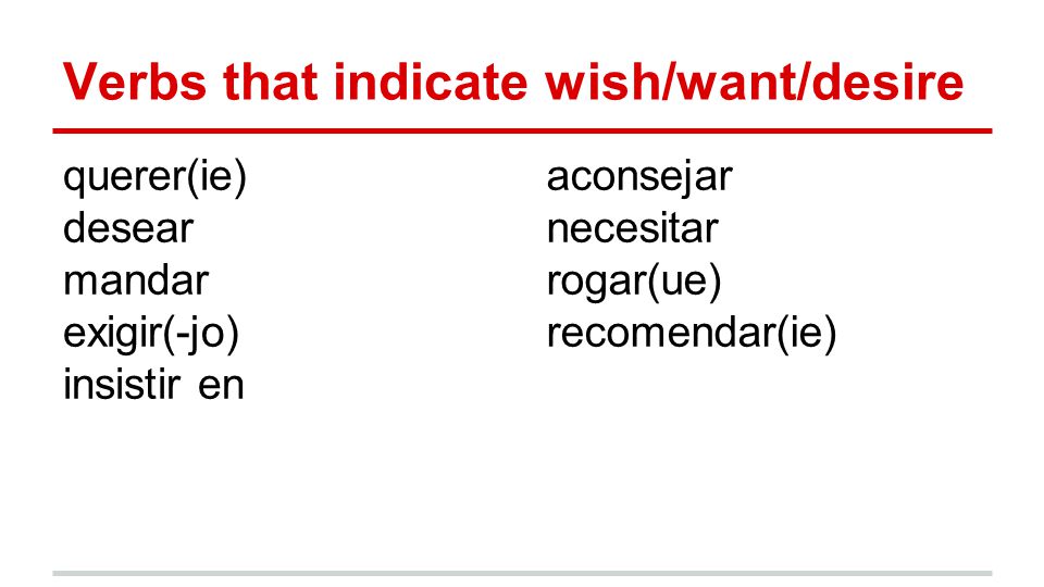 Verbs that indicate wish/want/desire querer(ie) desear mandar exigir(-jo) insistir en aconsejar necesitar rogar(ue) recomendar(ie)