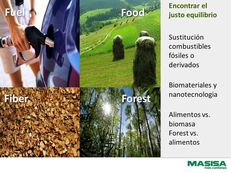 Fuel Food Fiber Forest Encontrar el justo equilibrio Sustitución combustibles fósiles o derivados Biomateriales y nanotecnologia Alimentos vs.