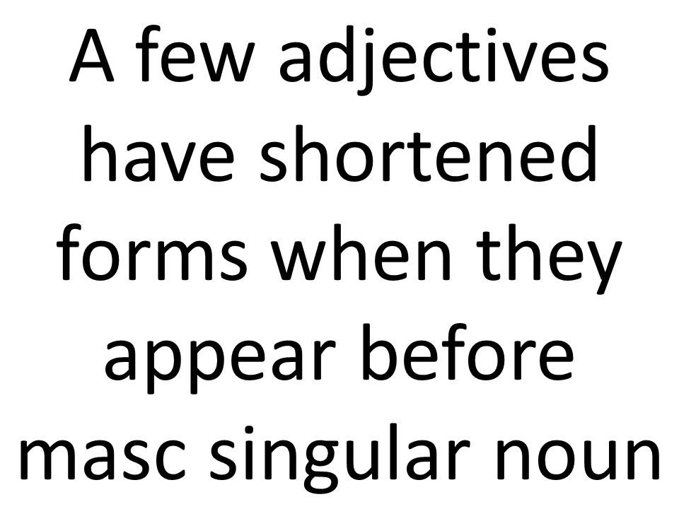 A few adjectives have shortened forms when they appear before masc singular noun