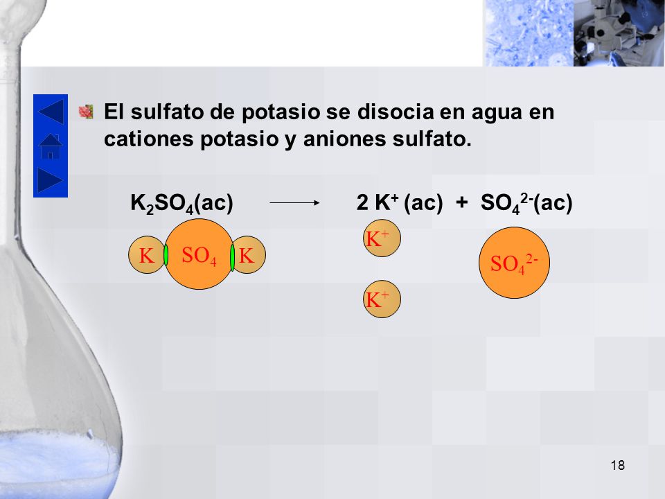 17 El cloruro de potasio se disocia en agua en cationes potasio y aniones cloruro.