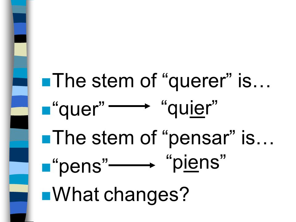 QUERER and PENSAR n Querer and Pensar are stem-changing or boot verbs.