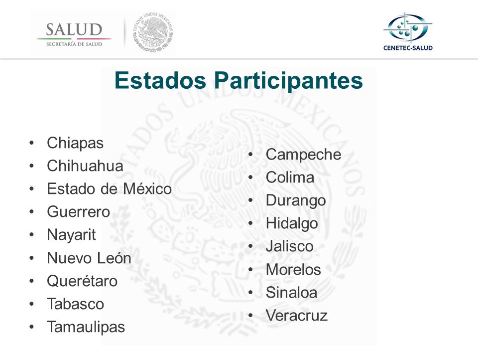 Estados Participantes Chiapas Chihuahua Estado de México Guerrero Nayarit Nuevo León Querétaro Tabasco Tamaulipas Campeche Colima Durango Hidalgo Jalisco Morelos Sinaloa Veracruz
