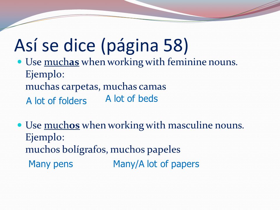 Así se dice (página 58) Use muchas when working with feminine nouns.