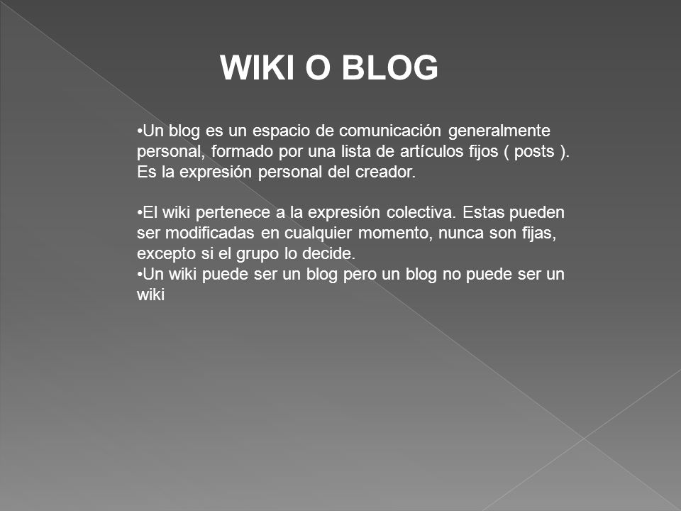 WIKI O BLOG Un blog es un espacio de comunicación generalmente personal, formado por una lista de artículos fijos ( posts ).