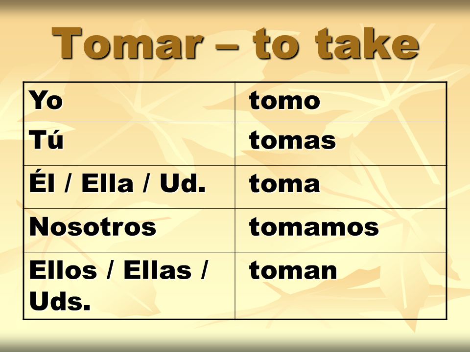 Tomar – to take Yo tomo tomo Tú tomas tomas Él / Ella / Ud.