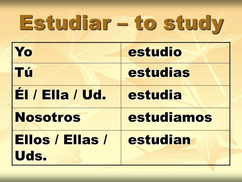 Estudiar – to study Yo estudio estudio Tú estudias estudias Él / Ella / Ud.