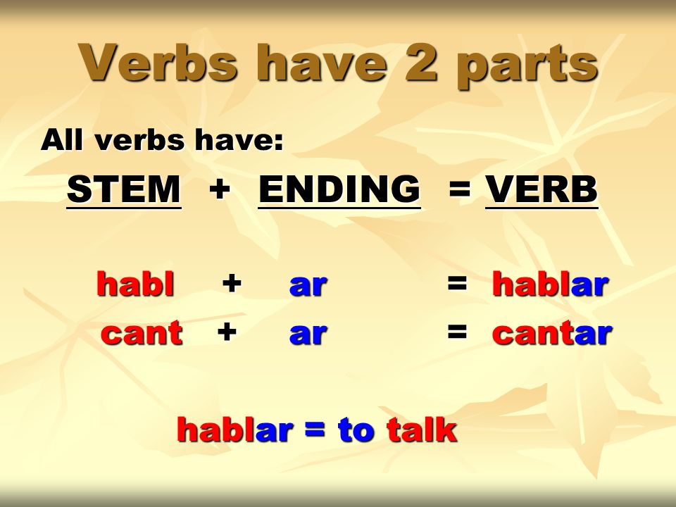 Verbs have 2 parts All verbs have: STEM + ENDING = VERB habl + ar= hablar habl + ar= hablar cant + ar = cantar cant + ar = cantar hablar = to talk