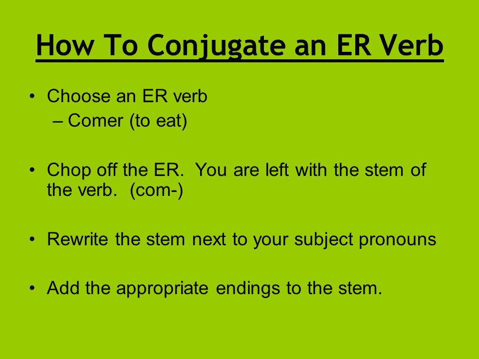 How To Conjugate an ER Verb Choose an ER verb –Comer (to eat) Chop off the ER.