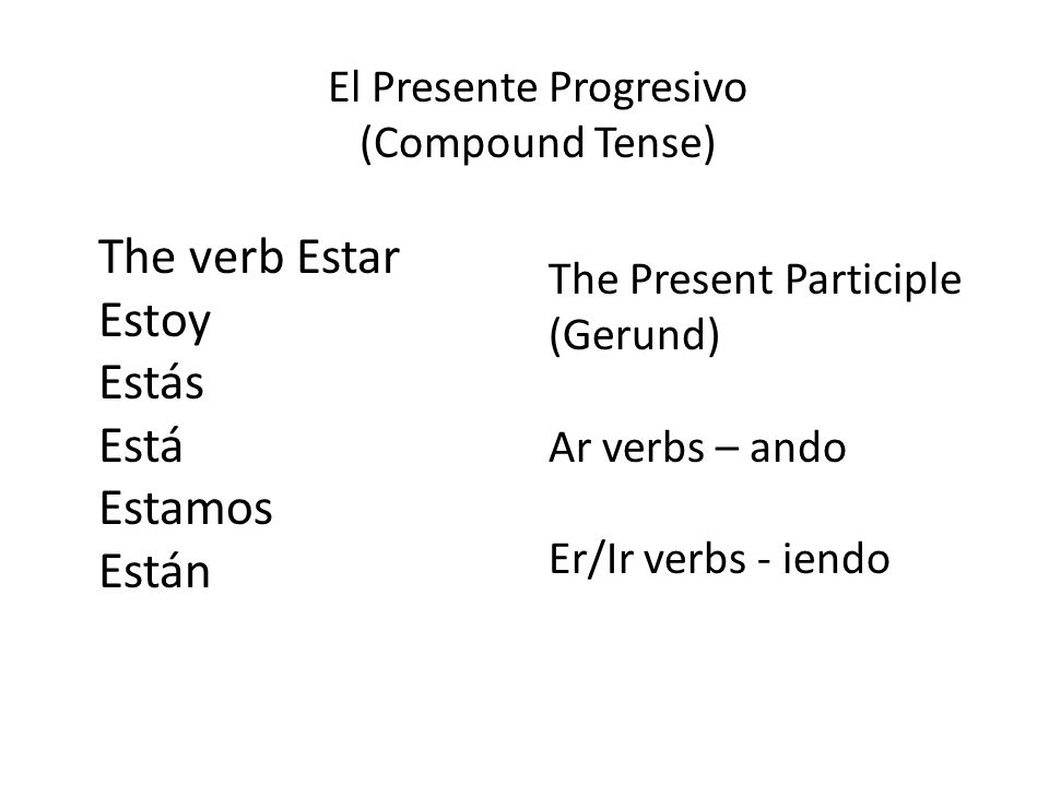 El Presente Progresivo (Compound Tense) The verb Estar Estoy Estás Está Estamos Están The Present Participle (Gerund) Ar verbs – ando Er/Ir verbs - iendo