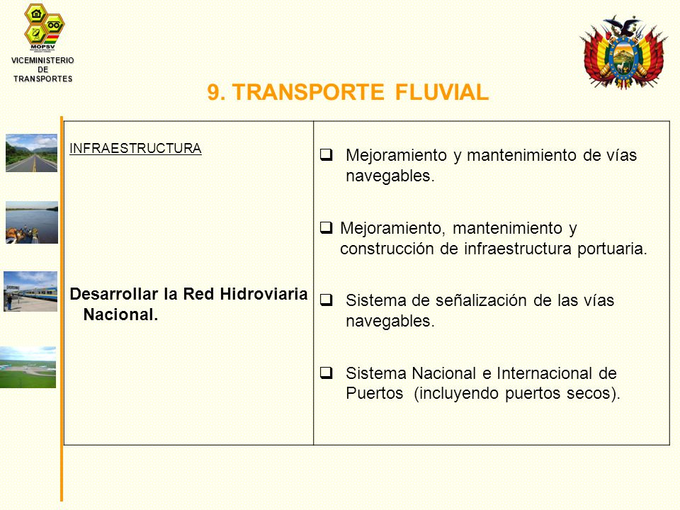 VICEMINISTERIO DE TRANSPORTES INFRAESTRUCTURA Desarrollar la Red Hidroviaria Nacional.