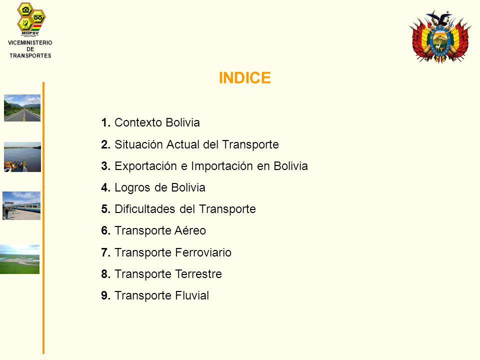 VICEMINISTERIO DE TRANSPORTES INDICE 1. Contexto Bolivia 2.
