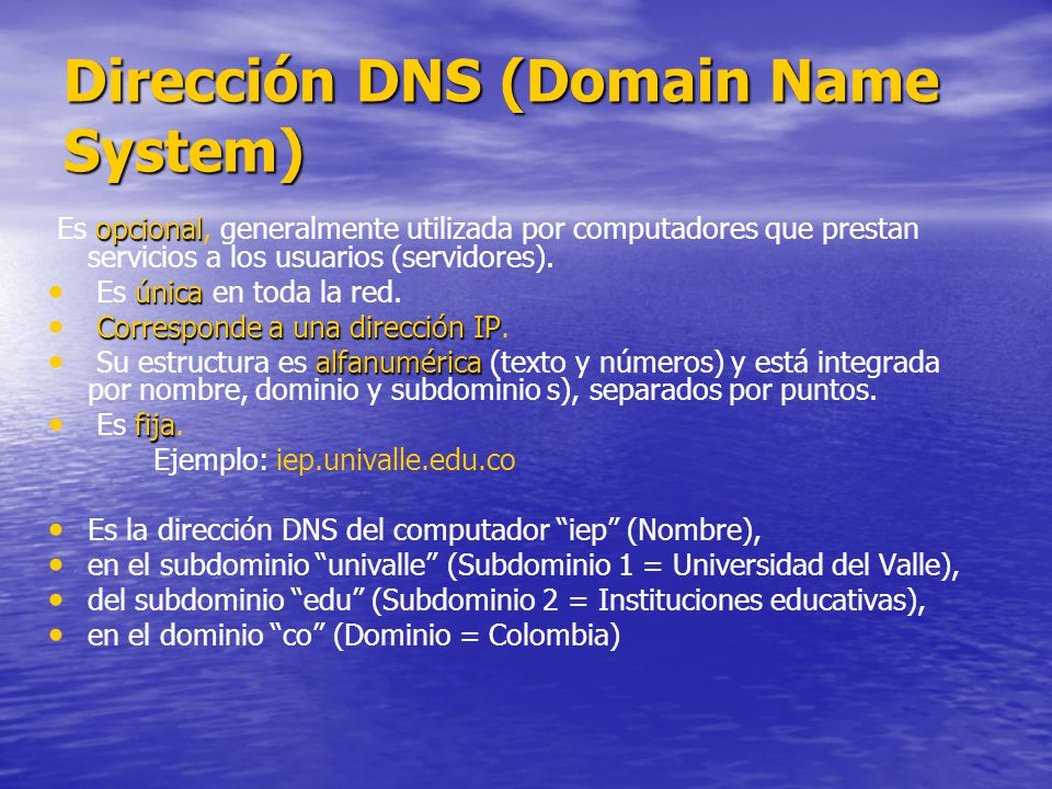Dirección DNS (Domain Name System) opcional Es opcional, generalmente utilizada por computadores que prestan servicios a los usuarios (servidores).