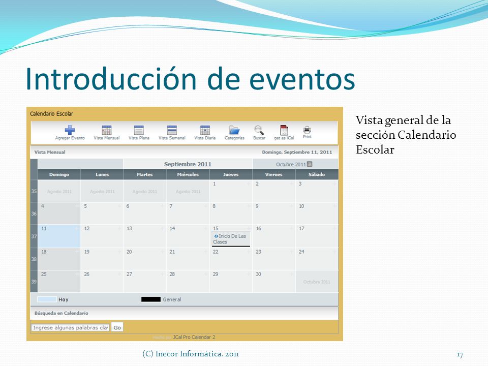 Introducción de eventos Vista general de la sección Calendario Escolar 17(C) Inecor Informática.