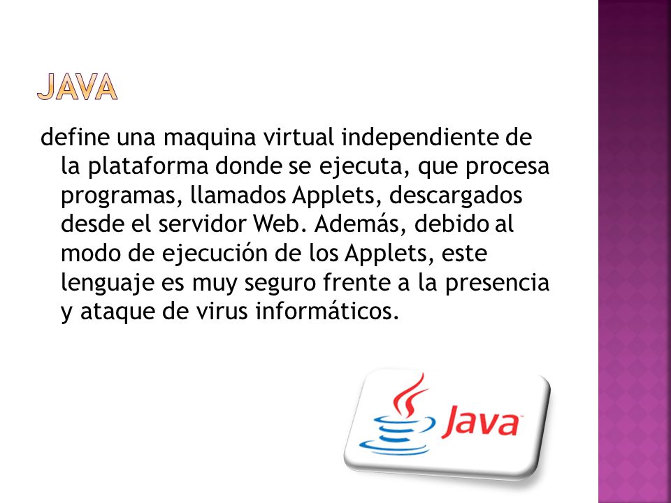 define una maquina virtual independiente de la plataforma donde se ejecuta, que procesa programas, llamados Applets, descargados desde el servidor Web.