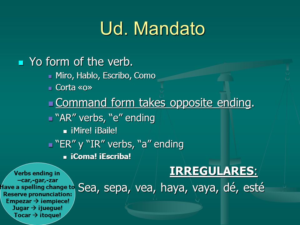 Ud. Mandato Ud. Mandato Yo form of the verb. Yo form of the verb.
