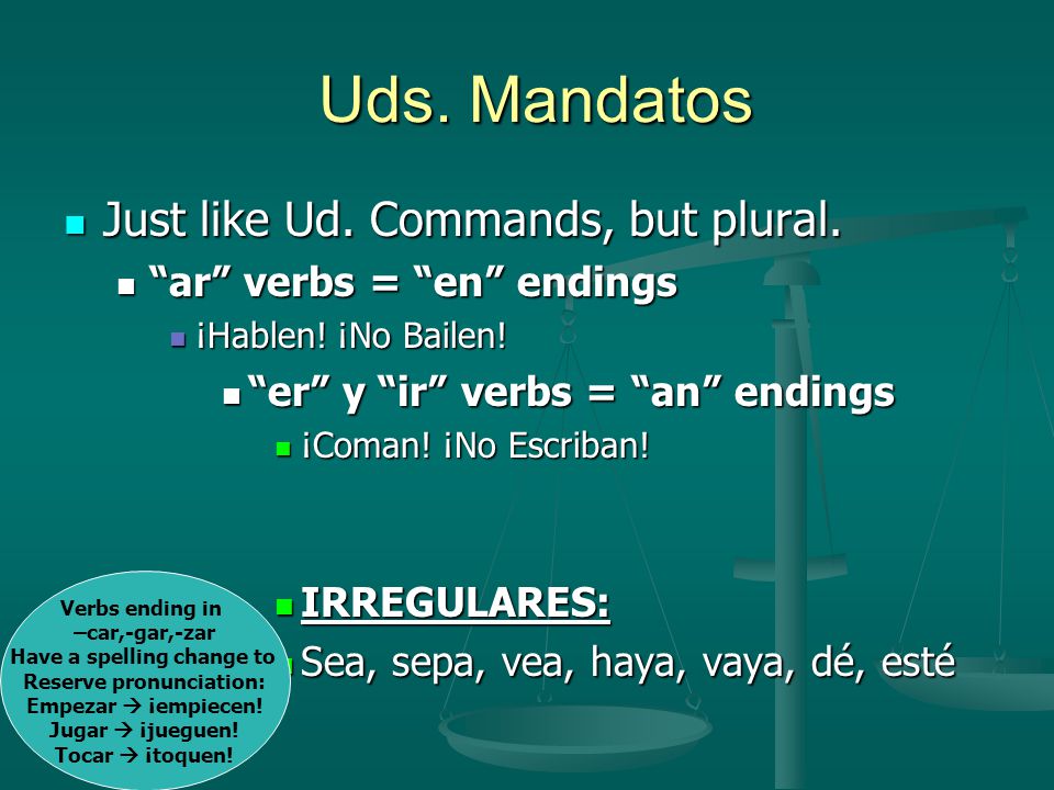 Uds. Mandatos Uds. Mandatos Just like Ud. Commands, but plural.