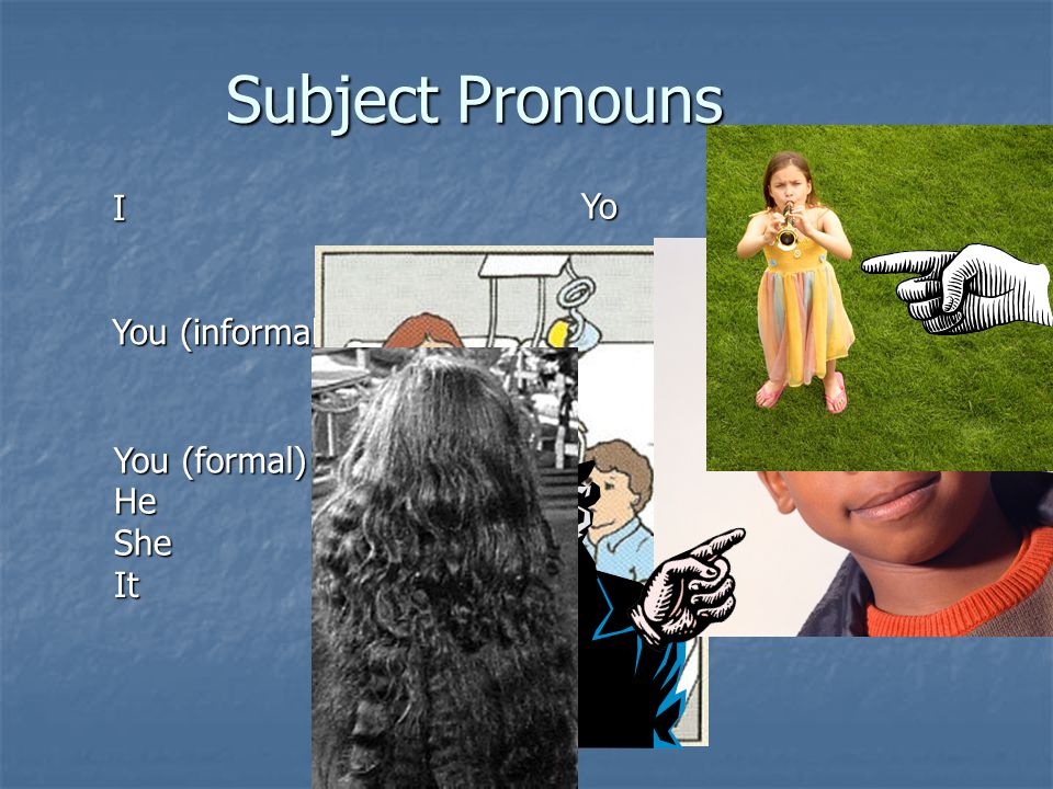 Subject Pronouns I Yo You (informal) Tú You (formal) He She It Ella Él Usted