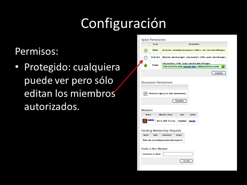Configuración Permisos: Protegido: cualquiera puede ver pero sólo editan los miembros autorizados.