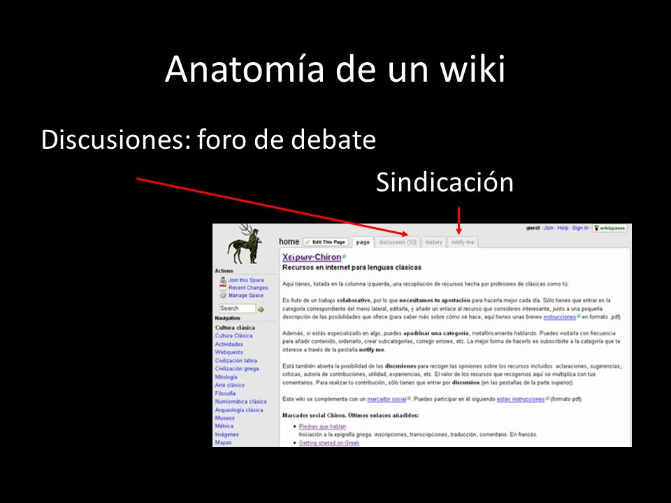 Anatomía de un wiki Discusiones: foro de debate Sindicación