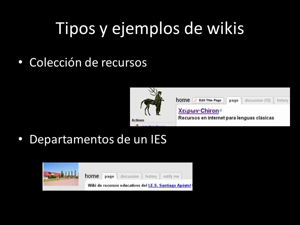 Tipos y ejemplos de wikis Colección de recursos Departamentos de un IES