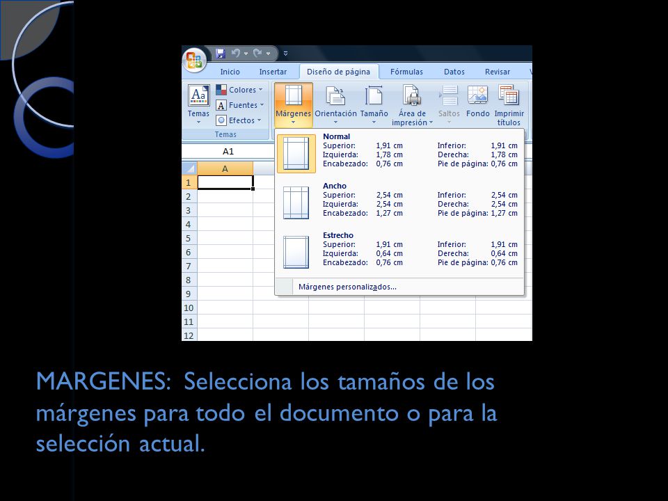 MARGENES: Selecciona los tamaños de los márgenes para todo el documento o para la selección actual.