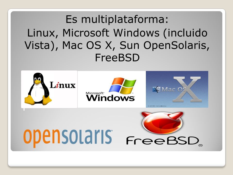 Es multiplataforma: Linux, Microsoft Windows (incluido Vista), Mac OS X, Sun OpenSolaris, FreeBSD